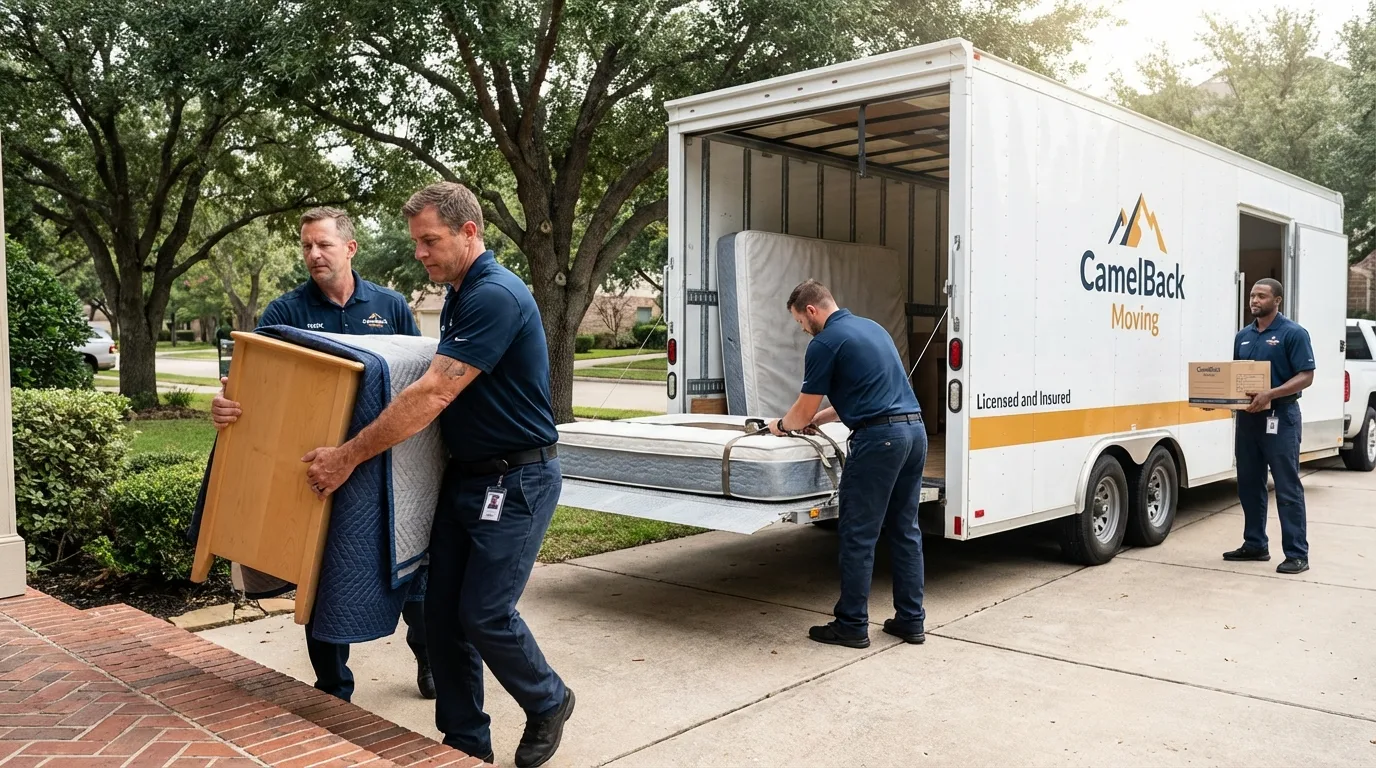 Crew loading residential truck for cross-state move from Salton City, CA