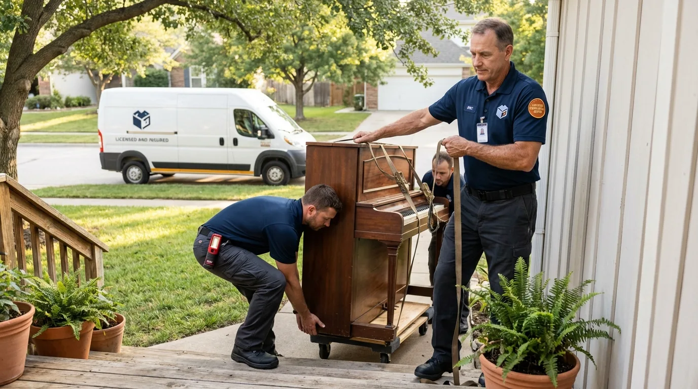 Licensed piano movers securing grand piano in Salton City, CA