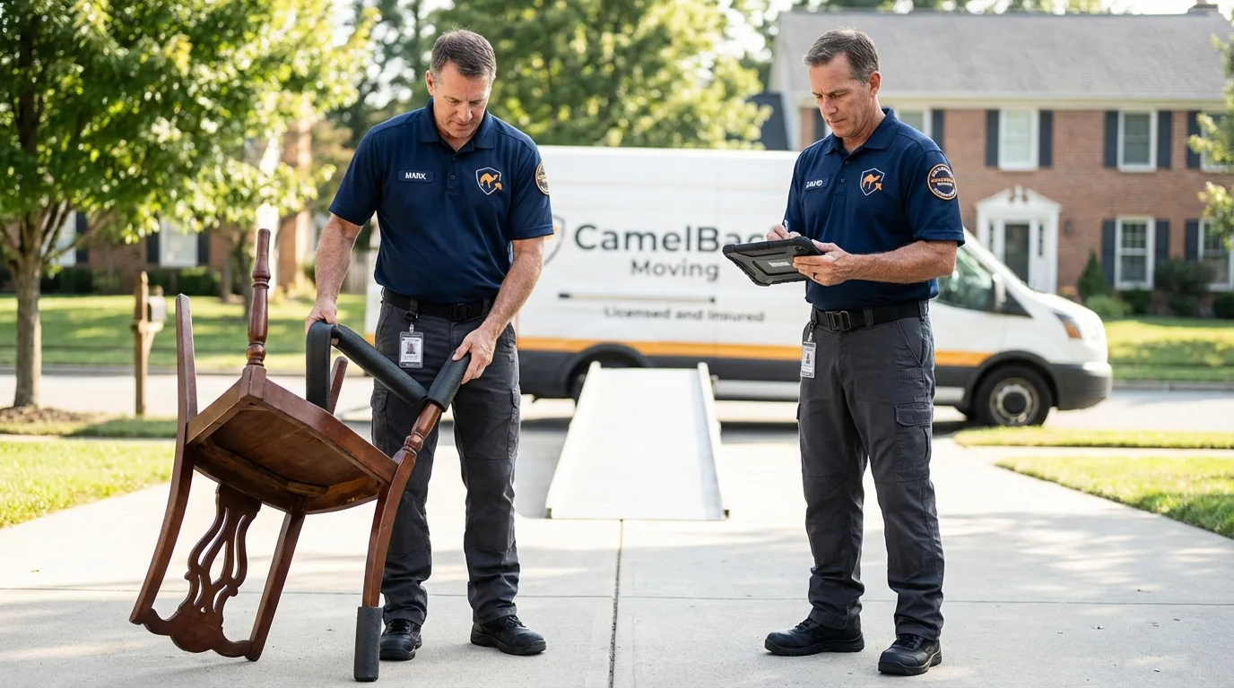 Movers inspecting furniture for damage prevention before loading in Salton City, CA