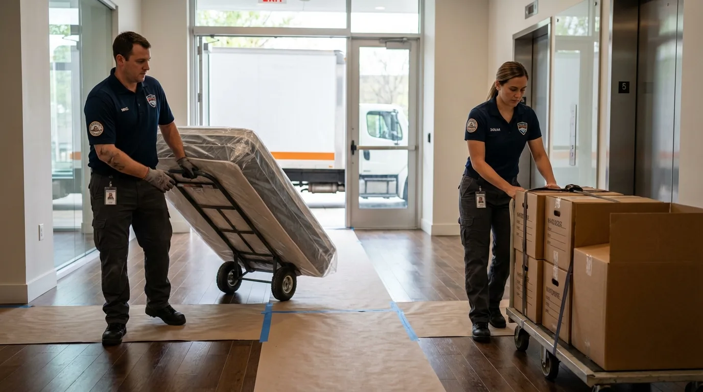 Professional apartment movers loading elevator in Salton City, CA