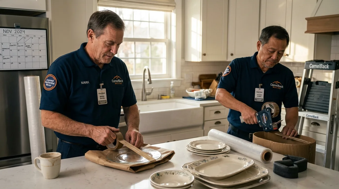 Professional crew packing kitchen dishware in Salton City, CA